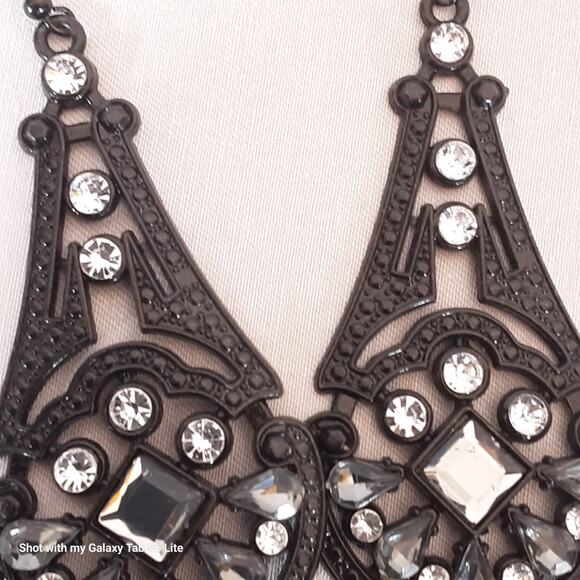 Jumbo Black Dangle Drop Earrings Bright Clear Rhinestones Pierced - Picture 7 of 10